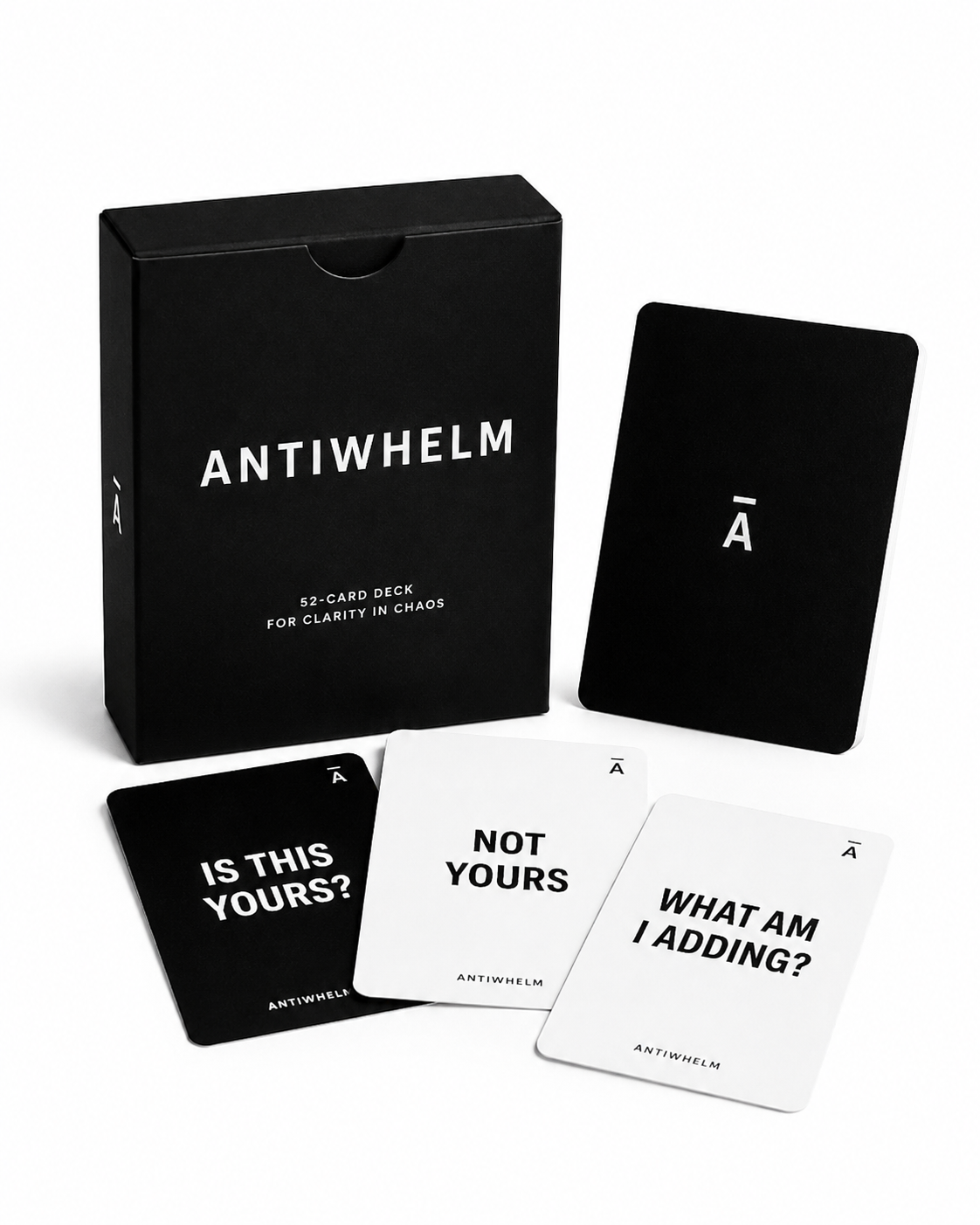 Black and white Antiwhelm 52-card deck with reminder cards